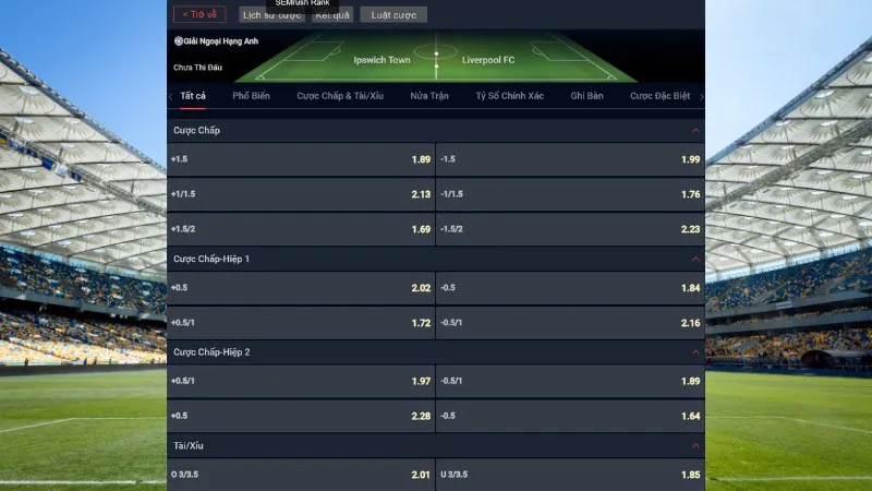 Bảng tỷ lệ kèo trận Ipswich Town vs Liverpool ngày 17/8